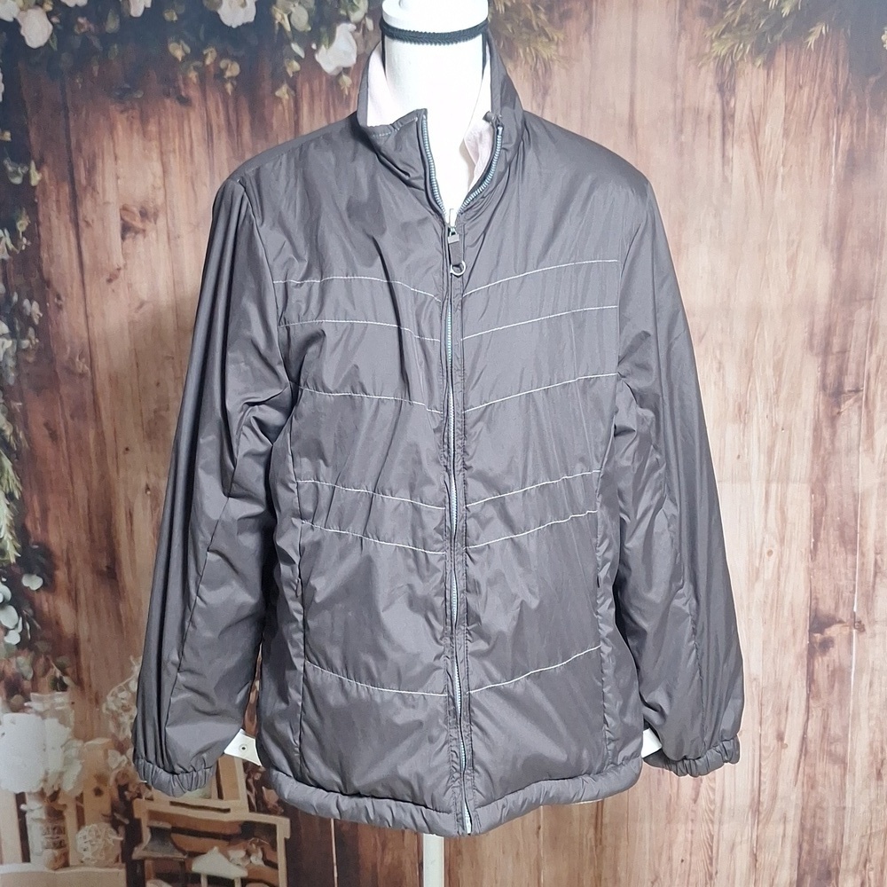Free country XL brown puffer reversible jacket, pink fleece other side